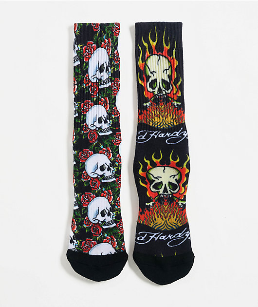 Ed Hardy Rose Flame Skull Black 2-Pack Crew Socks
