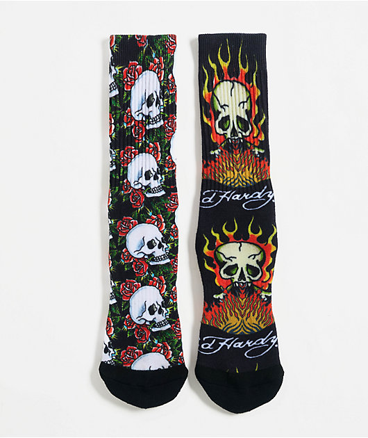 Ed Hardy Rose Flame Skull Black 2-Pack Crew Socks