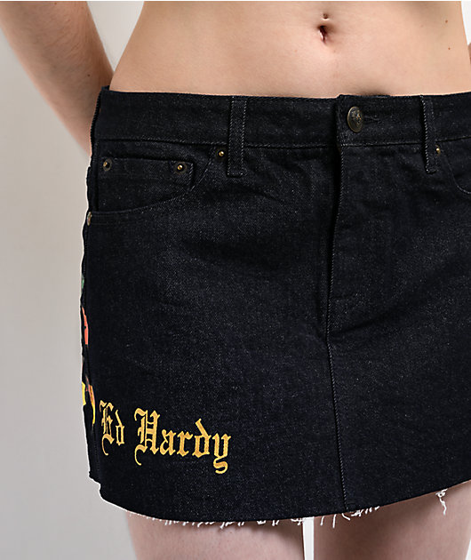 Ed Hardy Rose Heart Black Denim Cutoff Mini Skirt