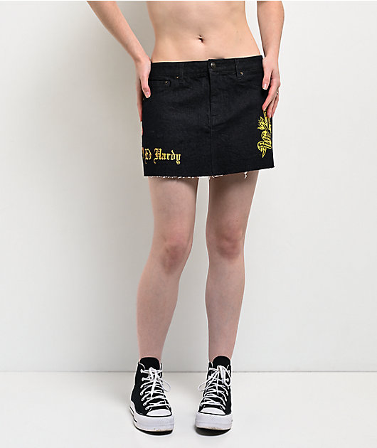 Ed Hardy Rose Heart Black Denim Cutoff Mini Skirt