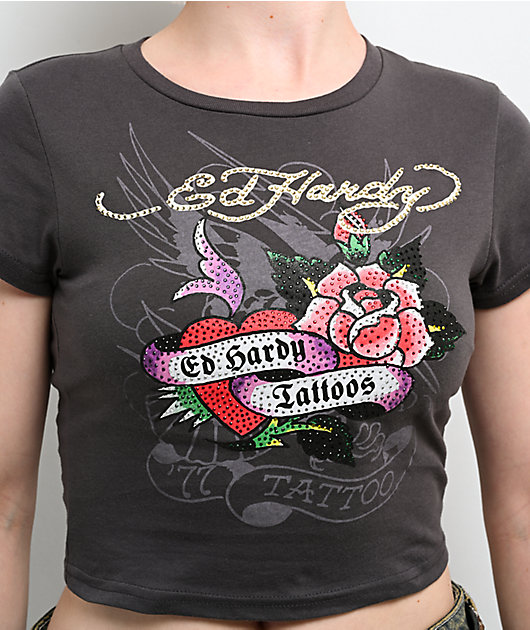 Ed Hardy Rose Heart Rhinestone Charcoal Crop T-Shirt