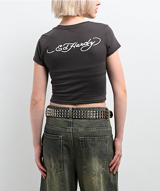 Ed Hardy Rose Heart Rhinestone Charcoal Crop T-Shirt | Zumiez