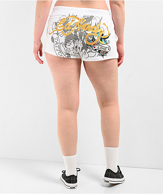 Ed Hardy Rose Heart Y2K White Sweat Shorts | Zumiez