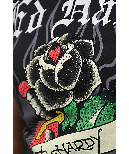 Ed Hardy Rose Rhinestone Cap Sleeve Black T-Shirt