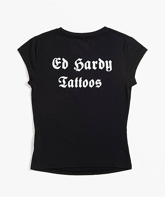 Ed Hardy BLACK ROSE Tシャツ Ed Hardy Rose Rhinestone Cap Sleeve Black T-Shirt | Zumiez