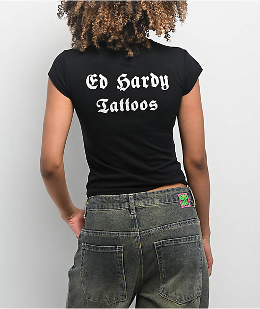 Ed Hardy Rose Rhinestone Cap Sleeve Black T-Shirt