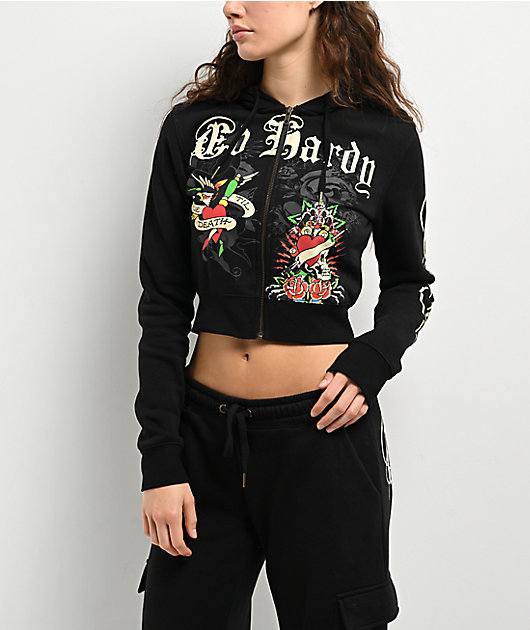 Ed Hardy Rose Skull Black Crop Zip Hoodie | Zumiez