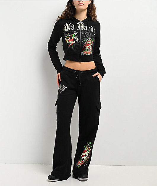Ed Hardy Rose Skull Black Crop Zip Hoodie | Zumiez