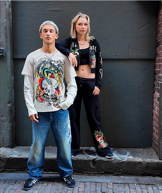 Ed Hardy Rose Skull Black Crop Zip Hoodie | Zumiez