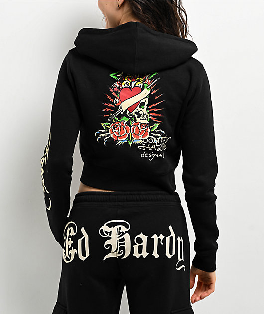 Ed Hardy Rose Skull Black Crop Zip Hoodie | Zumiez