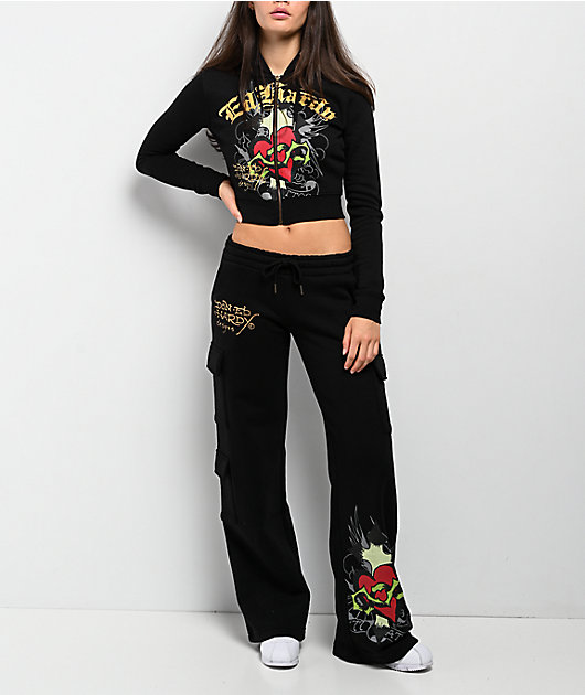 Ed Hardy Sacred Heart Black Cargo Sweatpants