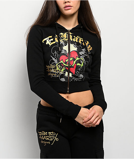 Ed Hardy Sacred Heart Black Crop Zip Hoodie | Zumiez