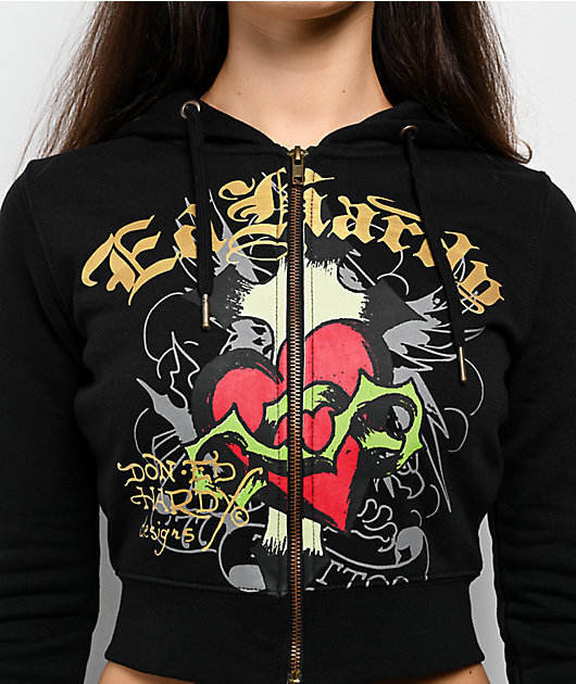 Ed Hardy Sacred Heart Black Crop Zip Hoodie