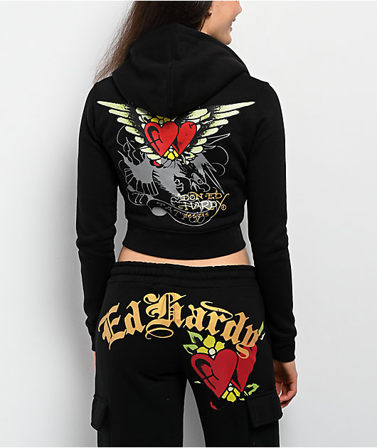 Ed Hardy Sacred Heart Black Crop Zip Hoodie