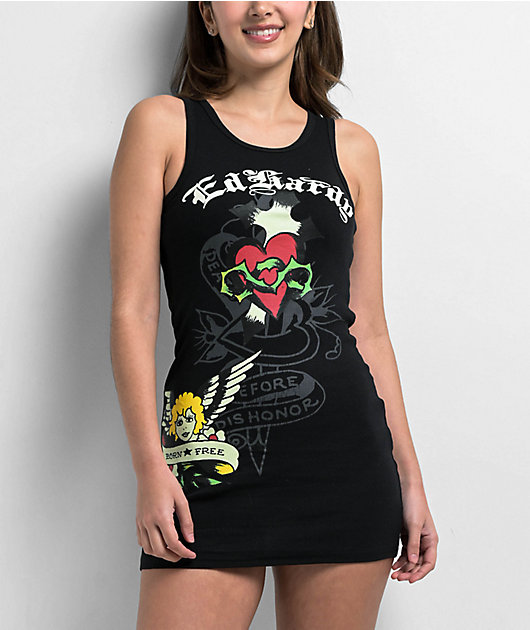 Ed Hardy リブタンクドレス Sacred Heart Black 〇関送無料〇 Sacred Heart Rib Tank Dress