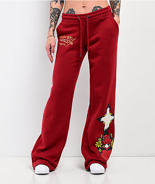 Ed Hardy Sacred Heart Dark Cherry Red Wide Leg Sweatpants