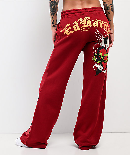 Ed Hardy Sacred Heart Dark Cherry Red Wide Leg Sweatpants | Zumiez
