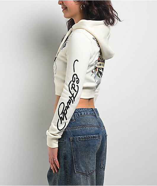 Ed Hardy Sacred Heart Ivory Crop Zip Hoodie | Zumiez