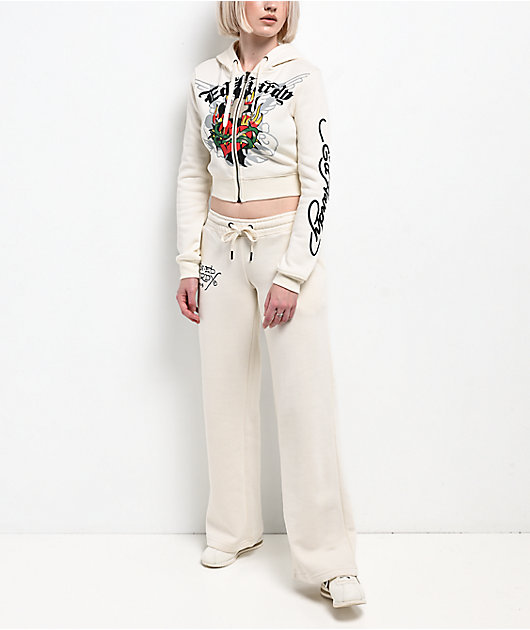 Ed Hardy Sacred Heart Ivory Crop Zip Hoodie | Zumiez