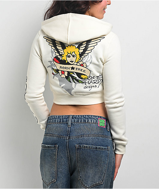 Ed Hardy Sacred Heart Ivory Crop Zip Hoodie | Zumiez