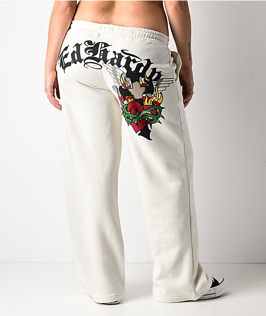 Ed Hardy Sacred Heart Ivory Wide Leg Sweatpants