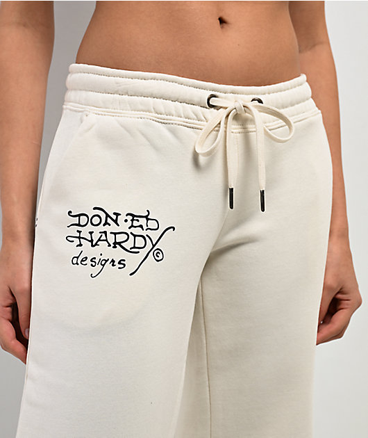 Ed Hardy Sacred Heart Ivory Wide Leg Sweatpants | Zumiez