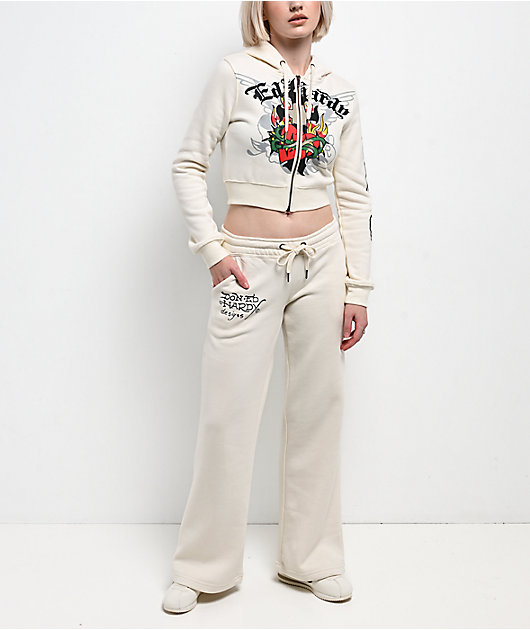 Ed Hardy Sacred Heart Ivory Wide Leg Sweatpants | Zumiez