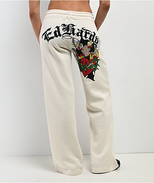 Ed Hardy Sacred Heart Ivory Wide Leg Sweatpants | Zumiez