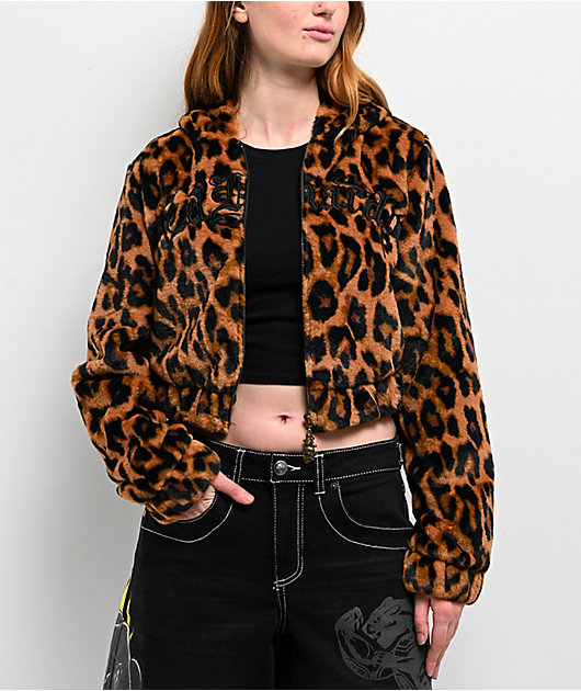 Ed Hardy Sacred Heart Leopard Brown Plush Zip Hoodie