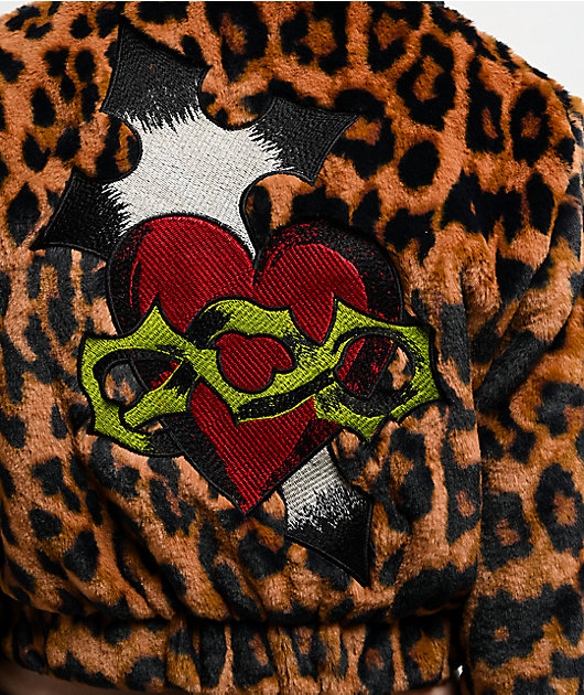 Ed Hardy Sacred Heart Leopard Brown Plush Zip Hoodie | Zumiez