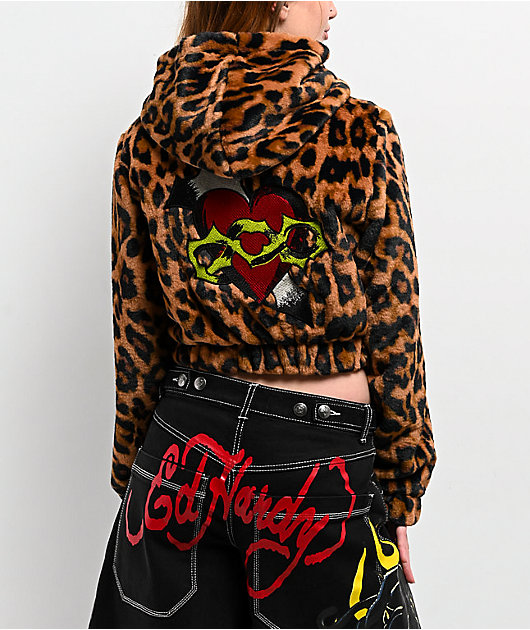 Ed Hardy Sacred Heart Leopard Brown Plush Zip Hoodie | Zumiez
