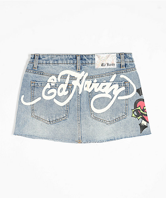 Ed Hardy Sacred Heart Light Wash Cutoff Mini Skirt