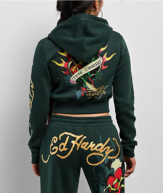 Ed Hardy Sacred Heart Rhinestone Green Cop Zip Hoodie | Zumiez