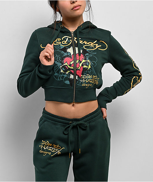 Ed Hardy Sacred Heart Rhinestone Green Cop Zip Hoodie | Zumiez