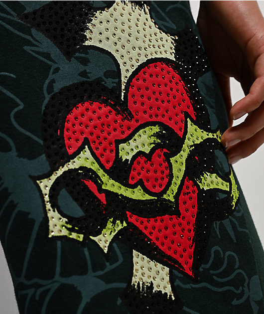 Ed Hardy Sacred Heart Rhinestone Green Wide Leg Sweatpants