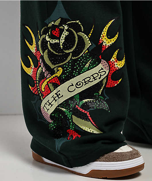 Ed Hardy Sacred Heart Rhinestone Green Wide Leg Sweatpants