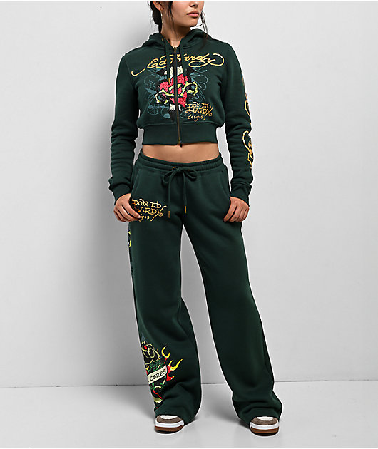 Ed Hardy Sacred Heart Rhinestone Green Wide Leg Sweatpants