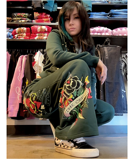 Ed Hardy Sacred Heart Rhinestone Green Wide Leg Sweatpants | Zumiez