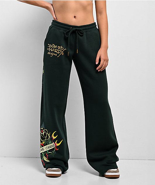 Ed Hardy Sacred Heart Rhinestone Green Wide Leg Sweatpants