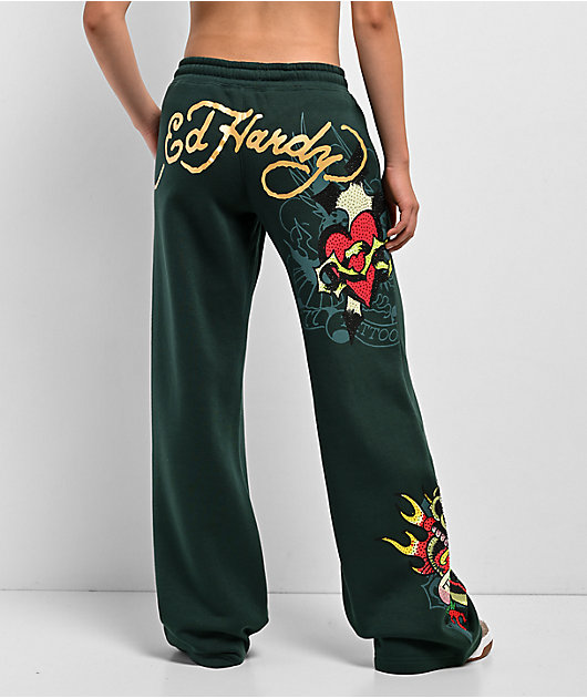 Ed Hardy フレアパンツ 黒 花柄、新品 Ed Hardy Ice Flower Black Sweatpants | Zumiez