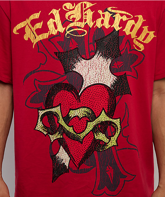 Ed Hardy Sacred Heart Rhinestone Red Boxy T-Shirt