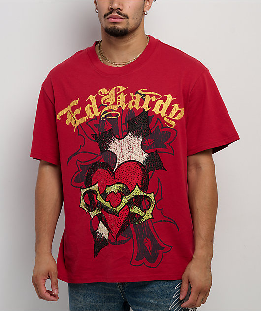 Ed Hardy Sacred Heart Rhinestone Red Boxy T-Shirt Zumiez