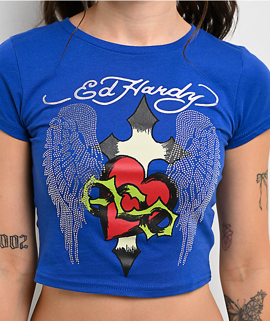 Ed Hardy Sacred Heart Wings Blue Crop T-Shirt