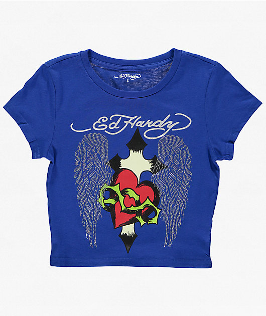 Ed Hardy Sacred Heart Wings Blue Crop T-Shirt