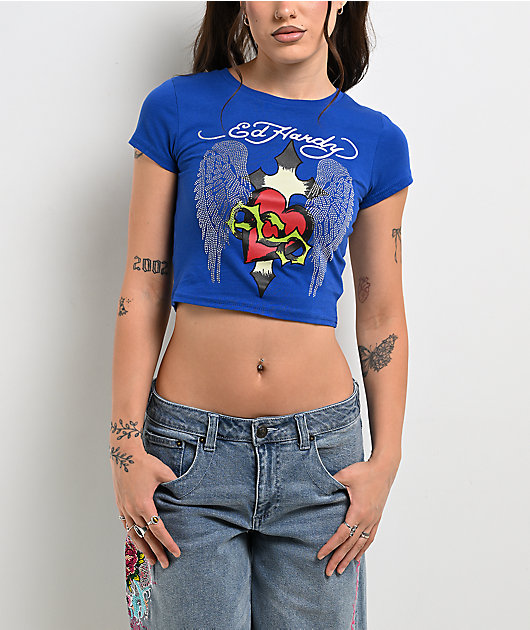 Ed Hardy Sacred Heart Wings Blue Crop T-Shirt