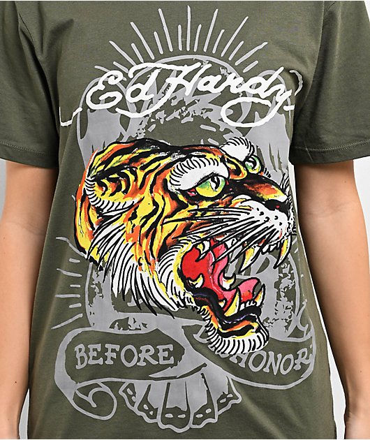 Ed Hardy Screaming Tiger Olive T-Shirt