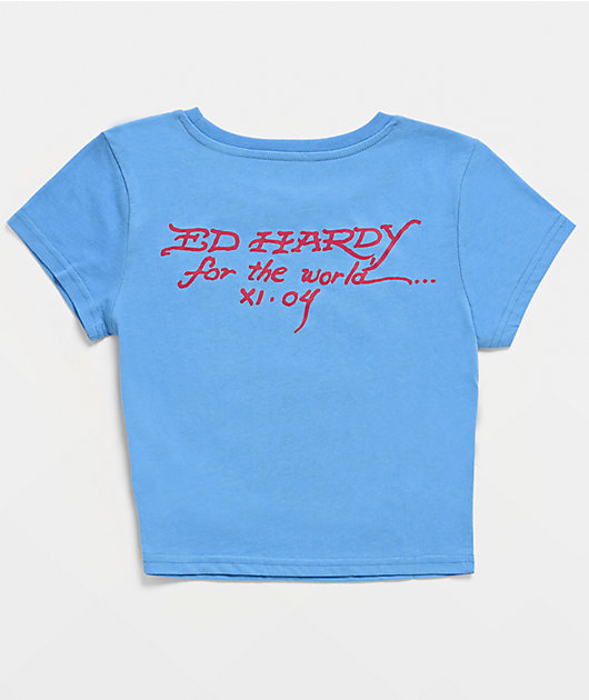 Ed Hardy Skull & Crossbones Blue Crop T-Shirt