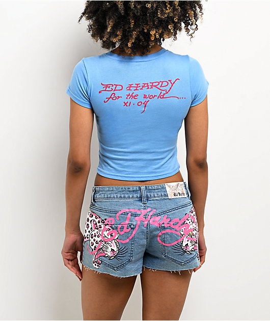 Ed Hardy Skull & Crossbones Blue Crop T-Shirt