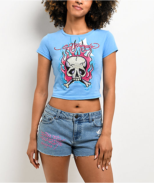 Ed Hardy Skull & Crossbones Blue Crop T-Shirt