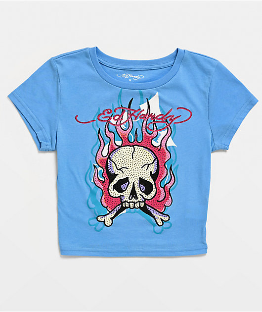 Ed Hardy Skull & Crossbones Blue Crop T-Shirt | Zumiez
